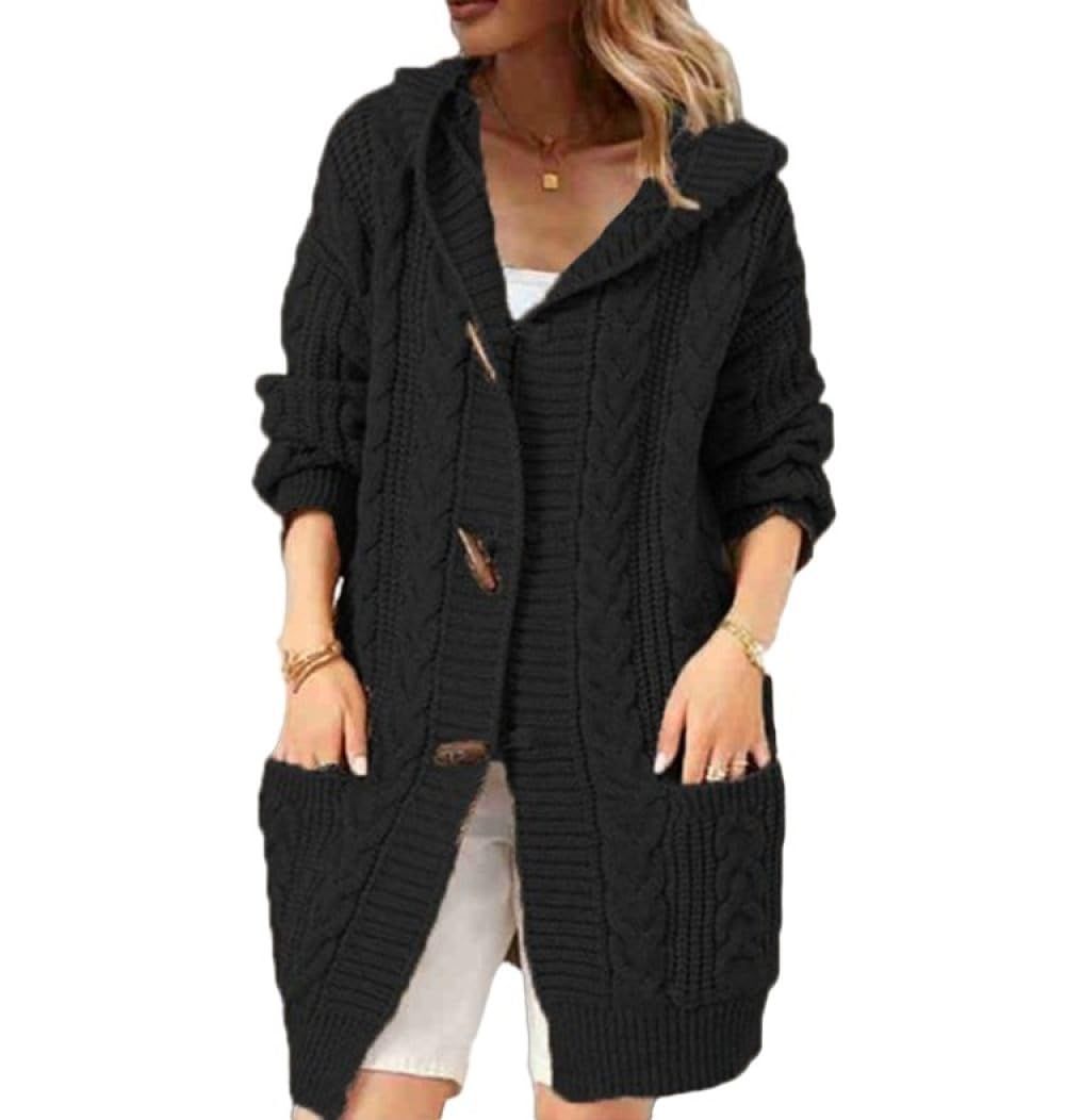HGJH Damen Strickjacke Mit Zopfmuster Vorne Offen Lange Strickjacke Lockere Knöpfe Weicher Pullover Elegante Übergangsjacke Kimono Cardigan Mantel Oberbekleidung Herbst Und Winter Schwarz S