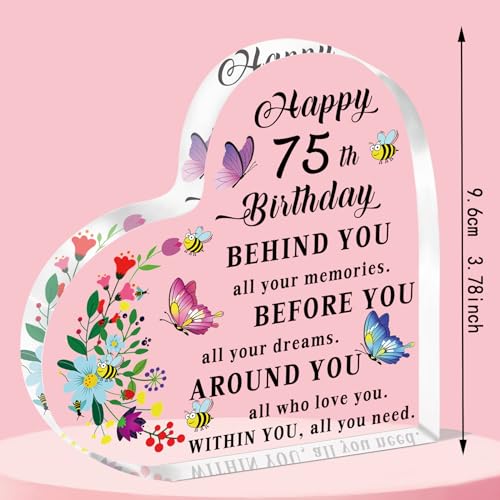 75th Birthday Gifts for Women, Personalised Heart Shaped Acrylic 75th birthday Keepsake Gifts, Unique 75 Birthday Gifts for Mum Grandma Friends, Happy 75 Year Old Gifts for Her