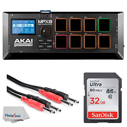 Akai Professional MPX8 | 8-Pad Sample Player with SD Card Slot+ 32GB Memory Card + Hosa Dual 1/4 Inch To Dual 1/4 Inch Stereo Cable + Photo4Less Clean Cloth (8 Pad)