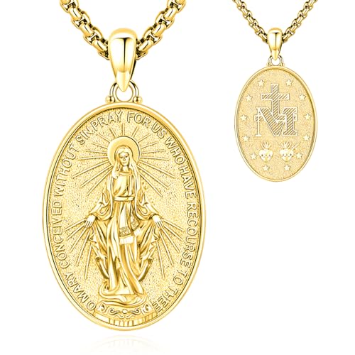 LOOVE 14K Gold Miraculous Medal Necklace - Sterling Silver Virgin Mary & Blessed Mother Mary Pendant for Women & Men - Catholic Jewelry