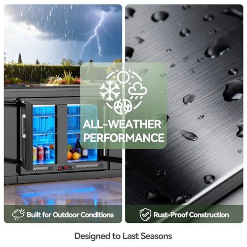 Image of Stainless Steel Outdoor Refrigerator Cabinet, 115L Built-In Double Door Refrigerator with Brushed SS Frame, 0-10C Adjustable Temp with LED Light, for Modular BBQ Grill Island (Black)