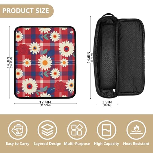 Organizador 2 en 1 para herramientas de cabello con tapete resistente al calor removible y diseño impermeable de patrón floral rojo a cuadros para planchas, alisadores y rizadores miniatura 4