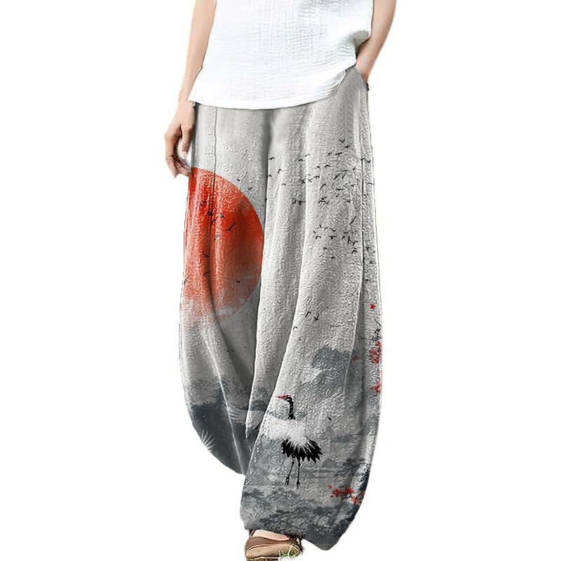 Womens Cotton Linen Wide Leg Pants High Waist Casual Loose Fit Summer Beach Yoga Harem Baggy Hippie Pants