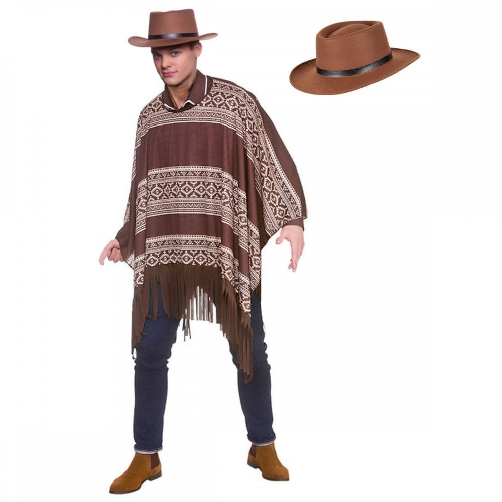 Titch & Timbo Western Cowboy Poncho + Gunslinger Hat & Black Bandana & Accessory Options : Mens Adult Wild West Drifter Gunman Fancy Dress Costume Set (Poncho + Hat)