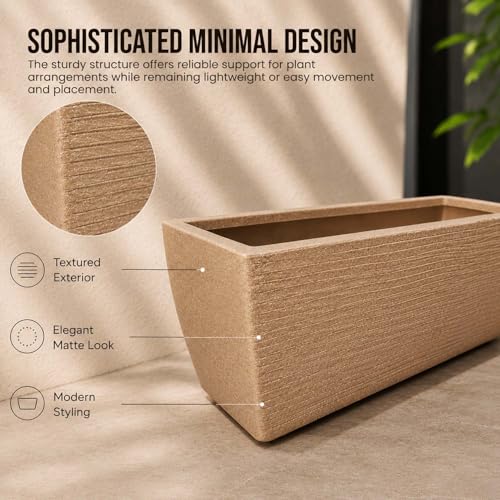 Image of Go Hooked Rectangular Leios Planter Pot 24x11 Inch | Sandstone Ribbed Design Plastic Flower Pot for Indoor Outdoor Garden Balcony Terrace Living Room | Decorative Long Plant Container