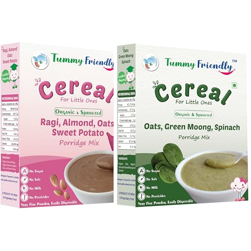 Image of TummyFriendly Foods Certified Organic Sprouted Ragi, Almonds, Oats, Sweet Potato Porridge Mix | Made of Sprouted Ragi Powder, Almond Cereal Organic Baby Food for 8 Month. Sprouted for Calcium, Iron | Maximum Nutrition From Real Food | Available in Trial Baby Packs too | Shelf-life 9 month | 200g (RagiOats2x200g)