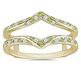 Green Peridot & White Diamond V Shaped Enhancer Guard For Women, 14k Yellow Gold Finish Green Peridot Anniversary Wrap Ring, Anniversary Band