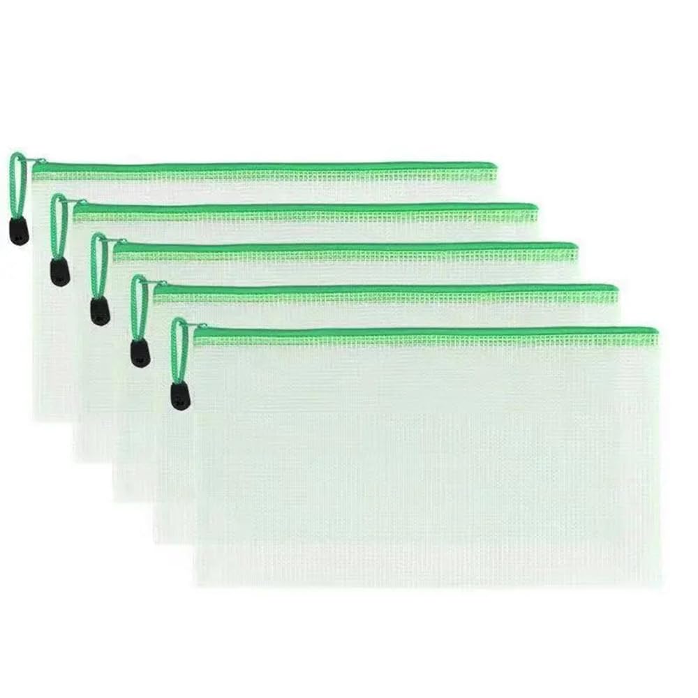 5Pcs 22x11cm Mesh Zipper Wallets Plastic Wallets File Bags Green Document Folders with Zipper for School Office Supplies