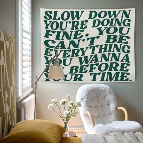 AQYIP Slow Down You\'re Doing Fine Inspirational Tapestry, Green Motivational Tapestry Decorative, Positive Affirmation Quote Wall Tapestries Blanket Decor for Home Office, 50x60 Inch
