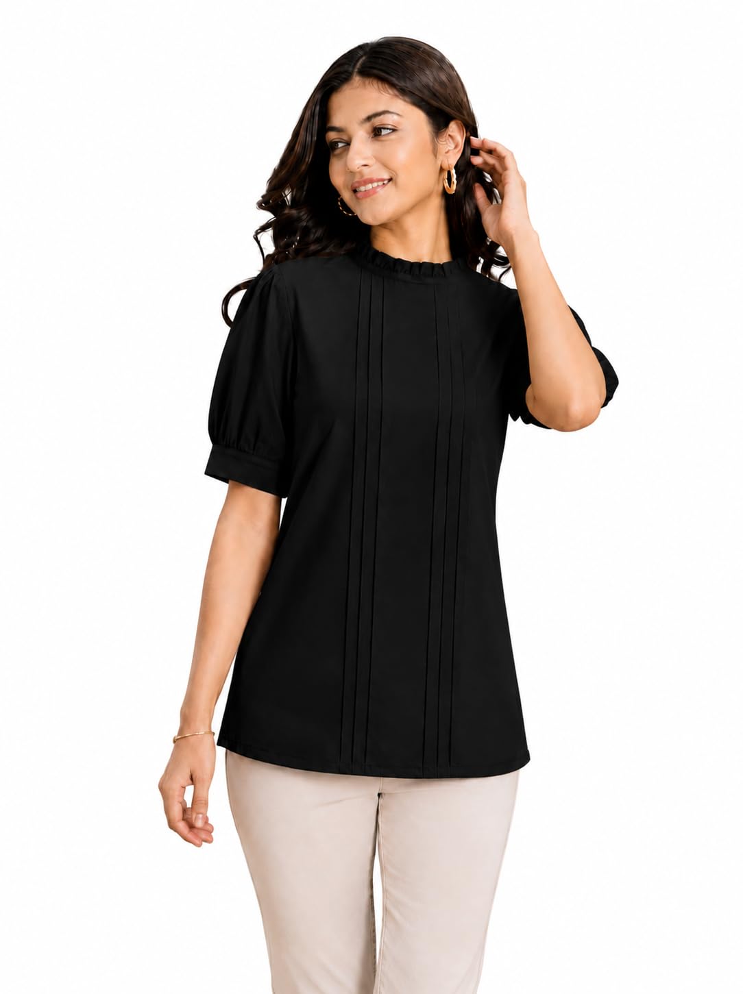 yash gallery Women's Rayon Dobby Solid Straight Half Puff Sleeve High Neck Casual Regular Fit Top-picture-14