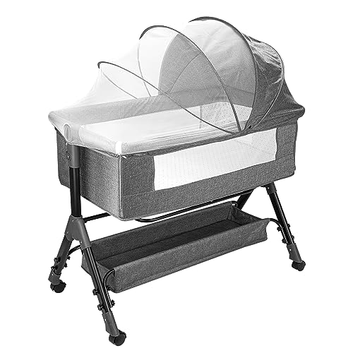 Image of Foalom 3 in 1 Baby Bassinet, Bedside Sleeper with Storage Basket and Wheels, Bedside Crib for Baby, Adjustable and Movable Baby Cradle with Mosquito Nets, Easy Folding Baby Bed (Grey)