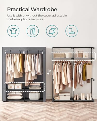 SONGMICS Clothes Wardrobe, Portable Fabric Wardrobe with 2 Hanging Rails, Foldable Canvas Closet for Bedroom, 140 x 43 x 174 cm, Grey RYG02GY - Image 2