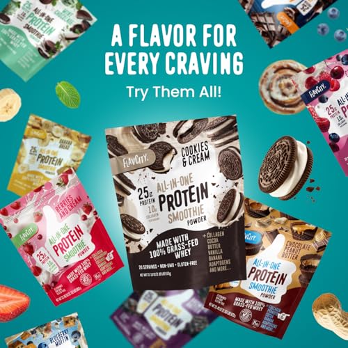 Image of FlavCity Vanilla All in One Protein Shake Powder - On the Go Meal Alternative + Collagen Peptides, Reishi & Cordyceps - Focus, Skin, Hair & Joint Support - 100% Grass Fed Whey, 20 Servings