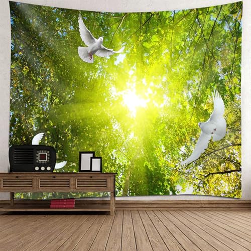 Tapisserie motif lumière du soleil arbres et oiseaux pour decoration murale