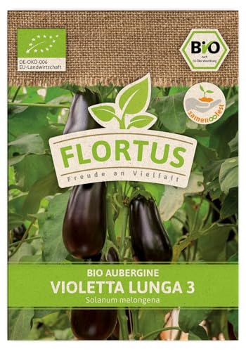 FLORTUS BIO Aubergine Violetta Lunga 3 | Gemüsesamen | Auberginensamen | Samen zur Anzucht für Garten, Balkon, Küche & Fensterbank