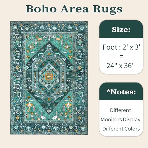 SERISSA Boho Rugs for Entryway, 2x3 Teal Entryway Rug Non-Slip Washable Small Area Rug, Ultra Soft Oriental Vintage Low-Pile Indoor Door Mat Floor Carpet for Entrance Bedroom Kitchen Bathroom