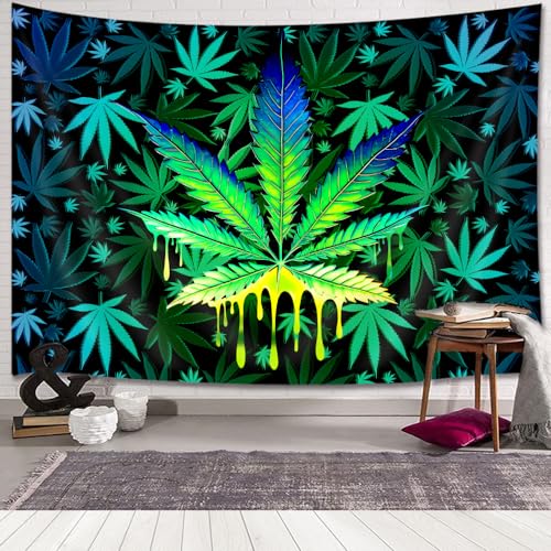 Lacoiime Tapiz de hojas de cáñamo psicodélico verde, tapiz psicodélico, tapiz de decoración de sala de estar, dormitorio, dormitorio, 228 x 178 cm