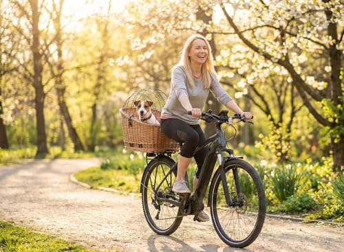 YULKA Hundefahrradkorb Gepäckträger, Handgeflochten Weide mit Gitterhaube – Sicherer Hundetransport Fahrrad (Honigbraun, XL)