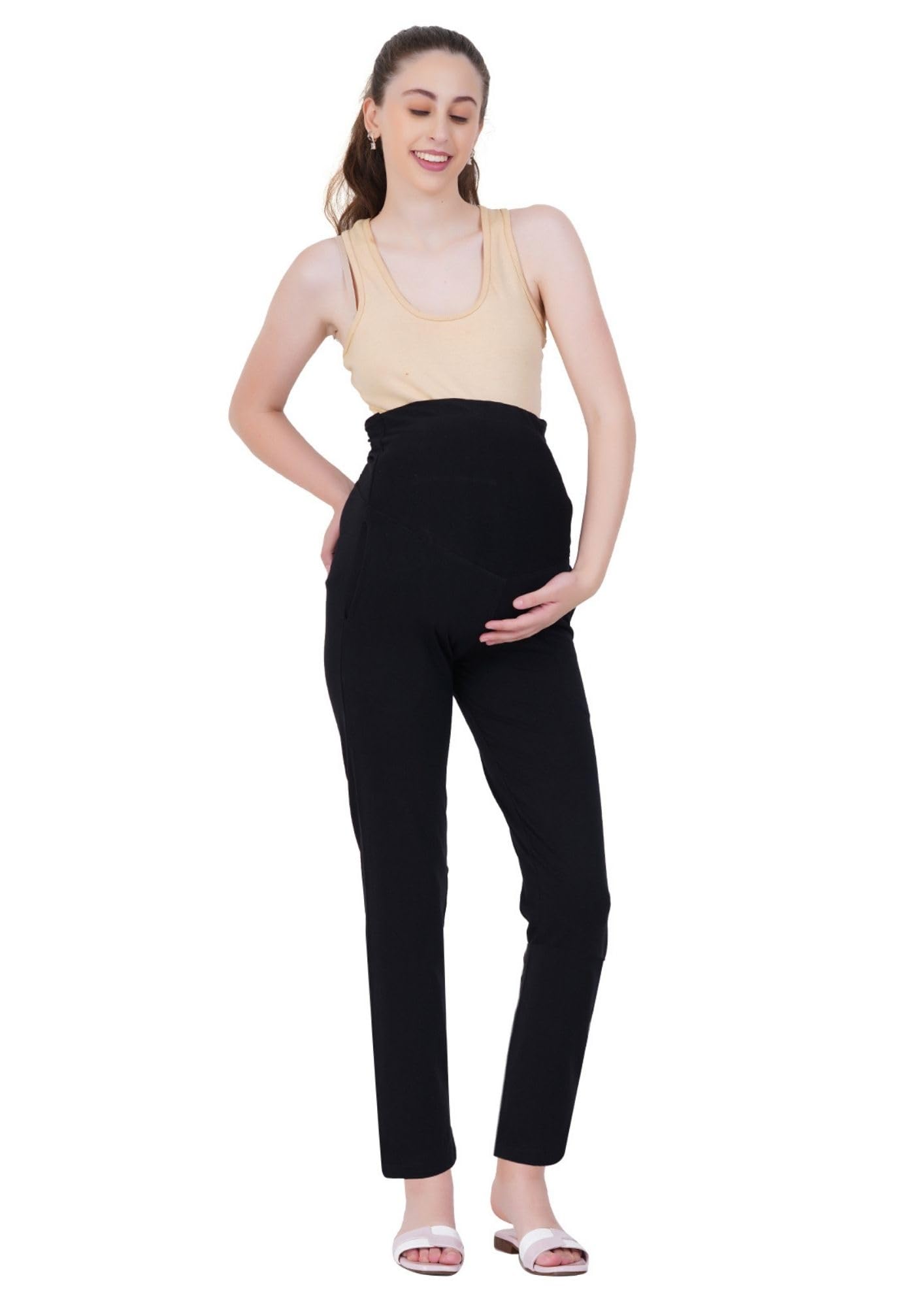litelooks clothing Women's Cotton Lycra Maternity Pants – Comfortable, Seam-Free, High Waist Support, Pockets and Stretchable Pregnancy Pants for Pre & Post Pregnancy