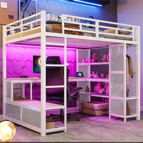 Lubvtti Letto soppalco in metallo 140x200 cm, Con scrivania, porta USB e luce LED,Letto matrimoniale con struttura in ferro,Con spazio di archiviazione e armadio aperto,Bianco(materasso non incluso)