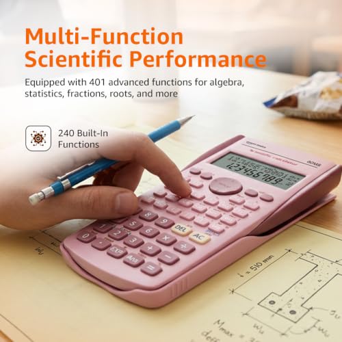 Image of Amazon Basics Scientific Calculator (AB-82MS) | 240 Functions | 2-Line Large LCD Display | Engineering Calculator | Dual Power | Fast Input Keys | 15.5 x 8 cm | Pink | Ideal for Students & Exams