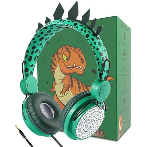 charlxee Kids Headphones,Dinosaurs Wired Headsets for Boys&Girls,Built-in Mic&On/Over Ear HD Stereo for Online Study/School/Tablet with Nylon Cable (Green) Cover