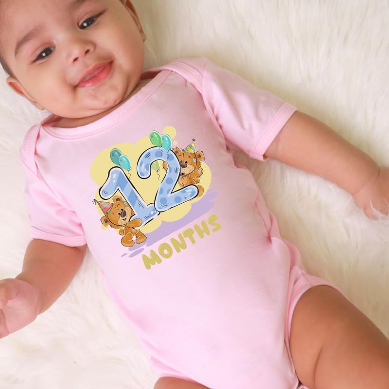 Image of Knitroot Monthly Birthday Teddy Special, Newborn Baby Half Sleeve Unisex Romper, Onesies, Sleepsuit, Body Suit, Envelope Neck, 1 to 12 Months Print, 0-12 Months, Infant Cloth for Boys & Girls