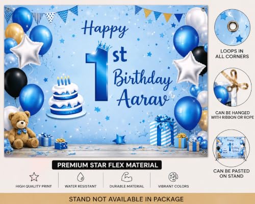 Image of Blue 1st Birthday Backdrop Banner for Boys | Birthday Party Decoration | Personalized blue 1st birthday backdrop with premium print for memorable party photos