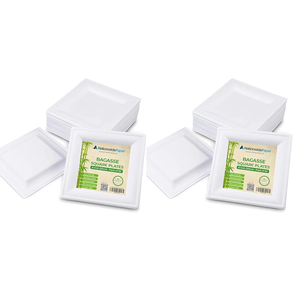 NationwidePaper 8 Inch Biodegradable Square Paper Plates, Bagasse White Disposable Plates, Strong Party Plates (50 Pcs) (Pack of 2)
