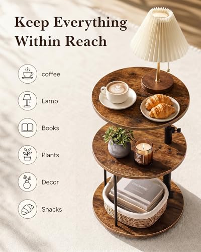 Image of Faesun Swivel Round Table for Couch Arm, Height Adjustable C Shaped End Table for Recliner or Bed, Tv Trays with Storage Shelf for Small Spaces- Small Nightstand for Living Room, Bedroom, Rustic