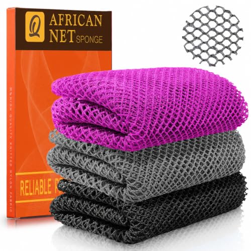 Image of UJFQBH African Net Sponge Authentic 3 Pack, the Gentle Exfoliating Body Scrubber that Unclogs Pores, Reaches Your Back, Dries Fast, and Leaves Skin Smooth Day After Day（Purple, Black, Gray）