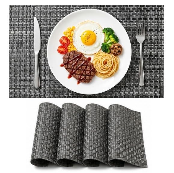 Image of Dribble Premium Anti UV-Mesh Woven PVC Table Placemats Set of 4 - Non-Slip, Heat Resistant, Washable Dining Table Mats for Kitchen, Dining & Office - 45cm X 30cm Durable Textured Design (Grey)