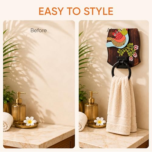 Image of Aakriti Art Creations Floral Art Wooden & Metal Towel Holder | Maina Bath Handcrafted | Matte Finish Multicolor Wall Mounted Holder for Bath & Wash Area