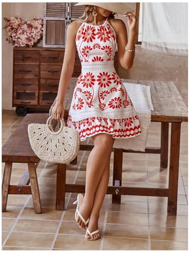 Image of Floerns Women's Contrast Lace Sleeveless Halter Dress Backless Vacation A Line Dress