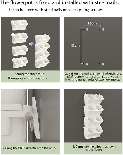 Miniatura 9 de Maceta apilable para colgar en la pared, paquete de 4 macetas colgantes de pared con orificios de drenaje, maceta de plástico montada en la pared