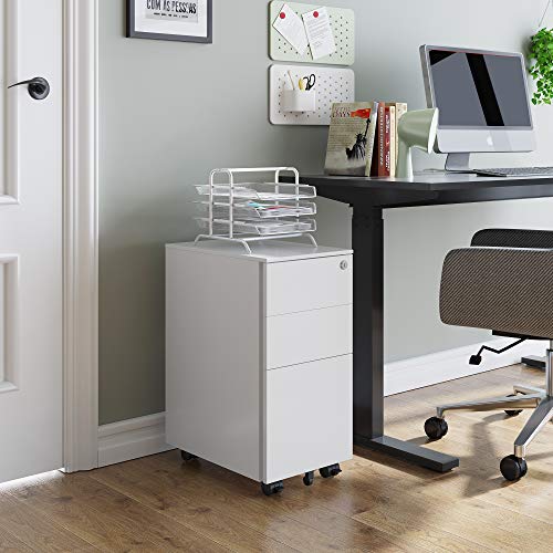 Image of DEVAISE Slim File Cabinet with Lock, 3 Drawer Mobile Filing Cabinet for Legal /Letter /A4 Size, Fully Assembled Except Wheels, White