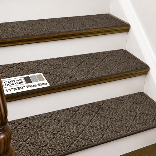 Image of COSY HOMEER Stair Treads for Wooden Steps 11 inchx30 inch Washable Indoor Carpet Stair Treads Non Slip Soft Polyester Stair Carpet Tread Reusable Stair Runner Rugs for Kids, Elders,Pets,Brown,4pcs