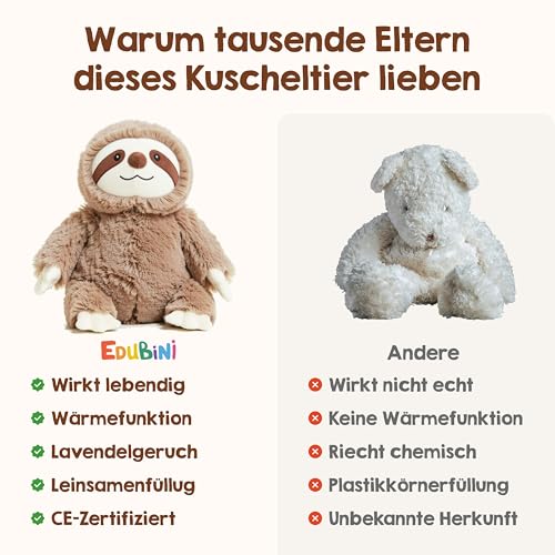 Edubini Gewichtskuscheltier für Kinder [EXTRA SCHWER] - Faultier Kuscheltier als Einschlafhilfe bei Reizüberflutung (inkl. 800g WÄRMEKISSEN) - Plüschtier, Wärmetier, Weighted Stuffed Animal