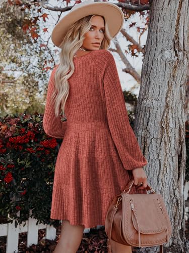 Women's Long Sleeve V Neck Sweater Dress Ribbed Knit Casual Babydoll Tiered Short Mini Fall Tunic Dresses4