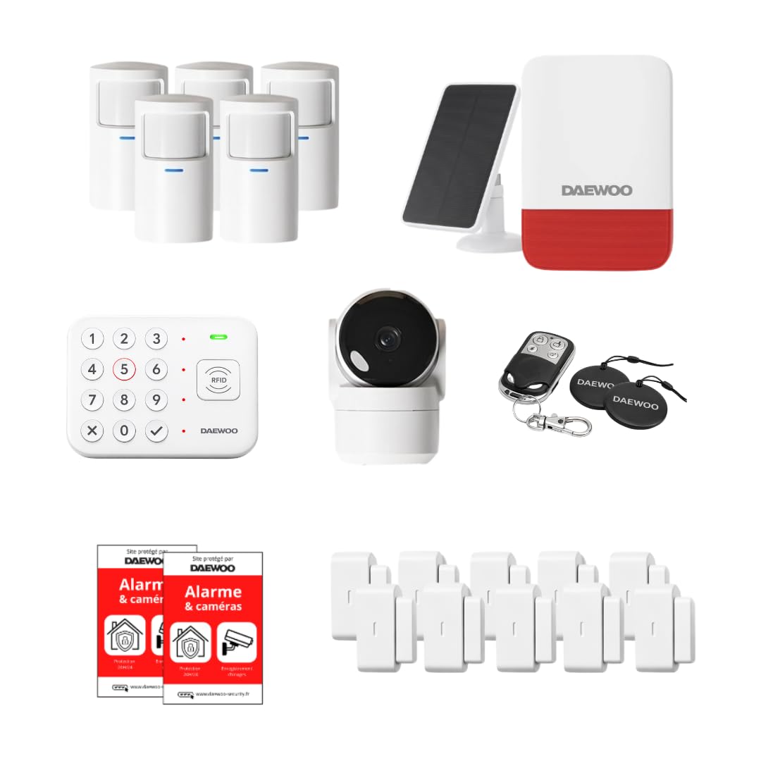 Daewoo Security - Pack Alarme Connectée WiFi VIG105 - Kit Complet sans Abonnement, 10 Contacteurs + 5 Détecteurs de Mouvement, Sirène Solaire, Caméra Surveillance Full HD - Alexa & Google Home