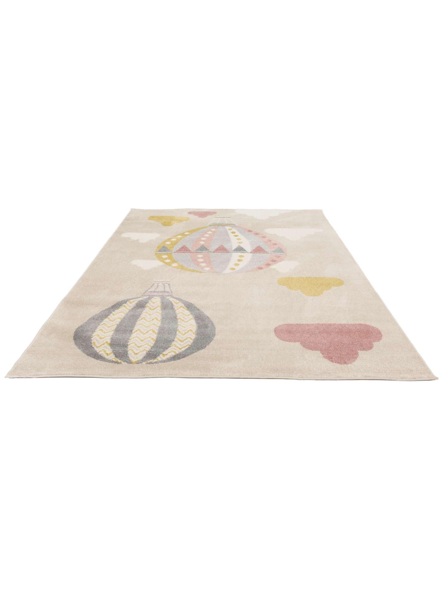 RugVista Balloon Ride, Kinderteppich, Moderne Teppiche, 140 x 200 cm, Rechteckig, Niedriger Stapel, Kinderzimmer, Nur chemische Reinigung, Ohne gefährliche Chemikalien, Beige/Rosa