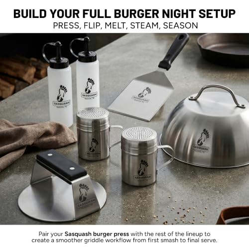 Image of Sasquash Burger Press Kit, 5 Piece Smash Burger Set, Smash Burger Press, Spatula, Melting Dome and 2 Squirt Bottles for Griddle and Grill, Stainless Steel, Kitchen Gadgets, Grilling Accessories