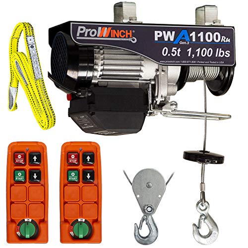 Prowinch 1/2 ton Electric Wire Rope Hoist 1100 lb Load Capacity Crane with Wireless Remote Control System Overhead Garage Ceiling Winch 120V Plug and Play 2 Remote Controls, Sling and Pulley included.