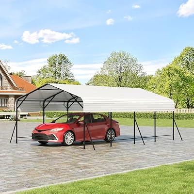 20x20Ft Metal Carport, Heavy Duty Metal Garage with Steel Frame & Enhanced Base for All Weather, Oversized Carport for Car, Boats and Tractor (20x20x9FT)