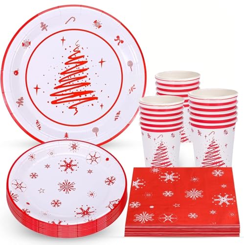 KAHEIGN 100 Piezas Vajilla de Papel para Fiestas Navideñas, 25 x 23CM Platos Grandes, 25 x 18CM Platos de Ensalada, 25 x 270ml Vasos, 25 x 16CM Servilletas - para Festivo Navidad Fiesta Decoración