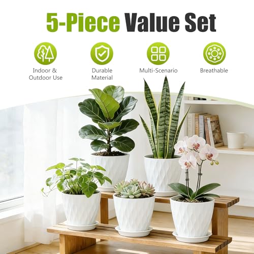 SQKH 8 Inch Plastic Plant Pots,Set of 5 Flower Pots,Planters with Drainage Holes & Saucers, Indoor Outdoor Garden Pots for Home Decor(White) by SQKH - Used condition - Image 2
