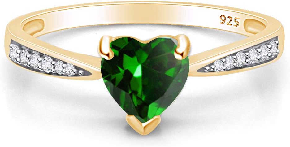 Solitaire Heart Promise Ring for Women Center 7MM Simulated Birthstone with White CZ, Stackable Gemstone Ring in 14K Gold Plated 925 Sterling Silver, Jewelry for Her