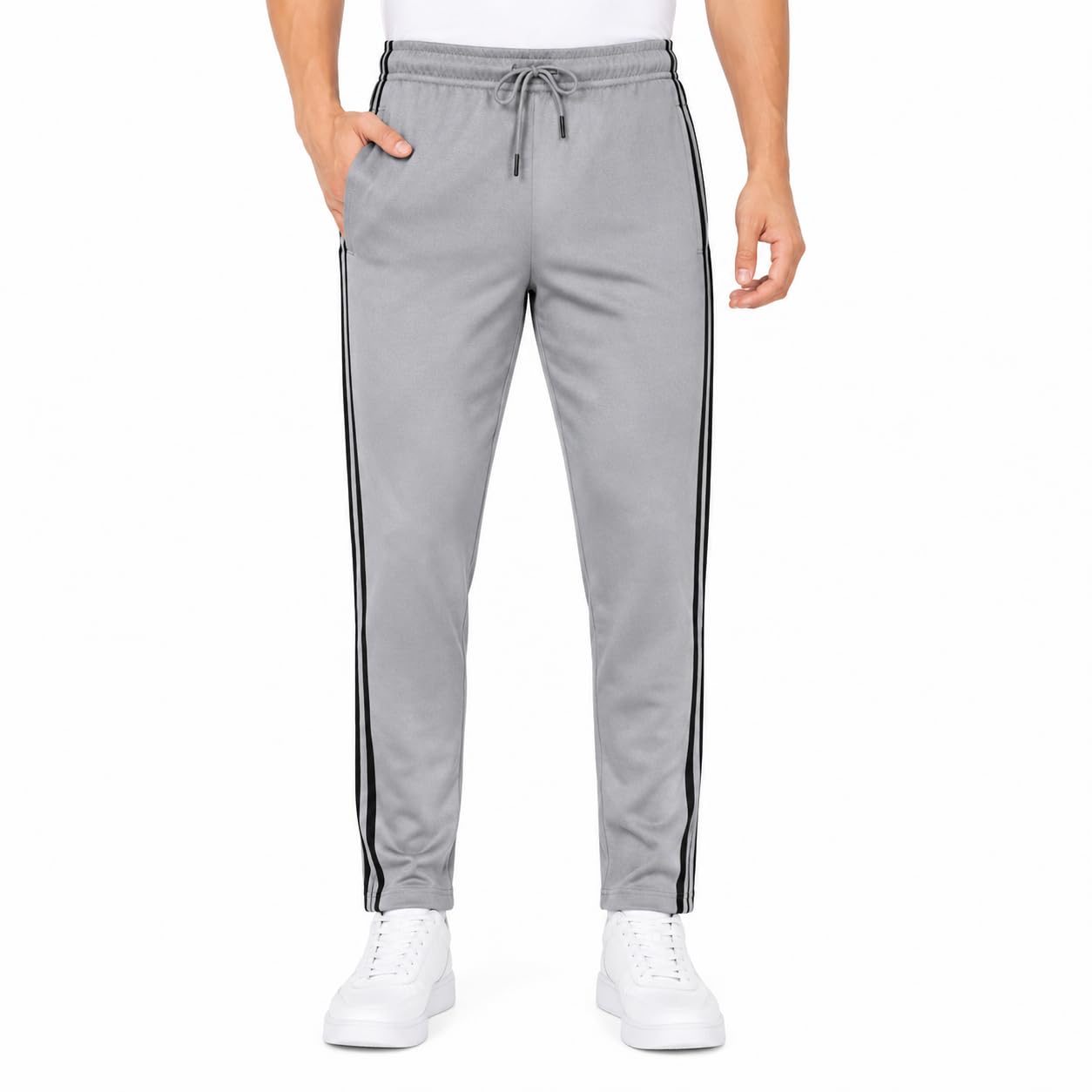 Men's Grey Track Pants with Side Stripe and Drawstring Waist-picture-15