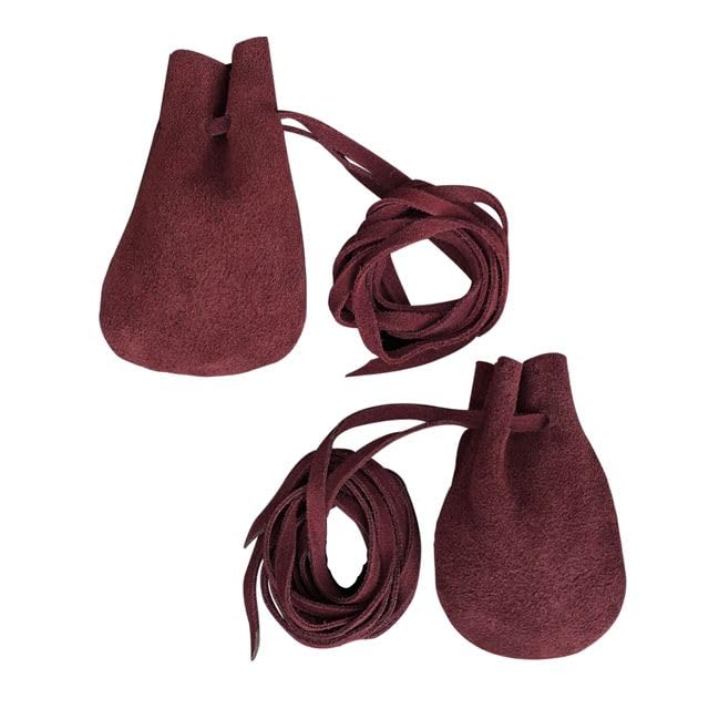 Mythrojan Drawstring Suede Leather Pouches, Native American Style Handmade Mini Pouches for Storing Dice, Coin, Medicine, Jewelry - Large 3" x 4", Small 2.5" x 3.5", Wine Red - Pack of 2 — image 1