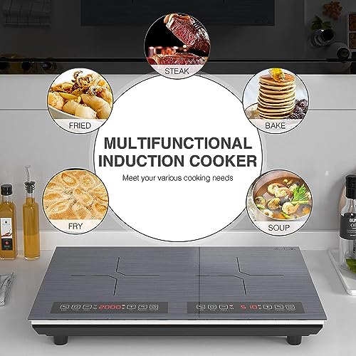 Table De Cuisson Double Induction Ekatro 3500W, 10 Niveaux De Puissance Et De Temperature 4 Fonctions De Cuisson Intelligentes 2 Zones De Controle Independantes Minuterie 3 Heures Securite Enfant